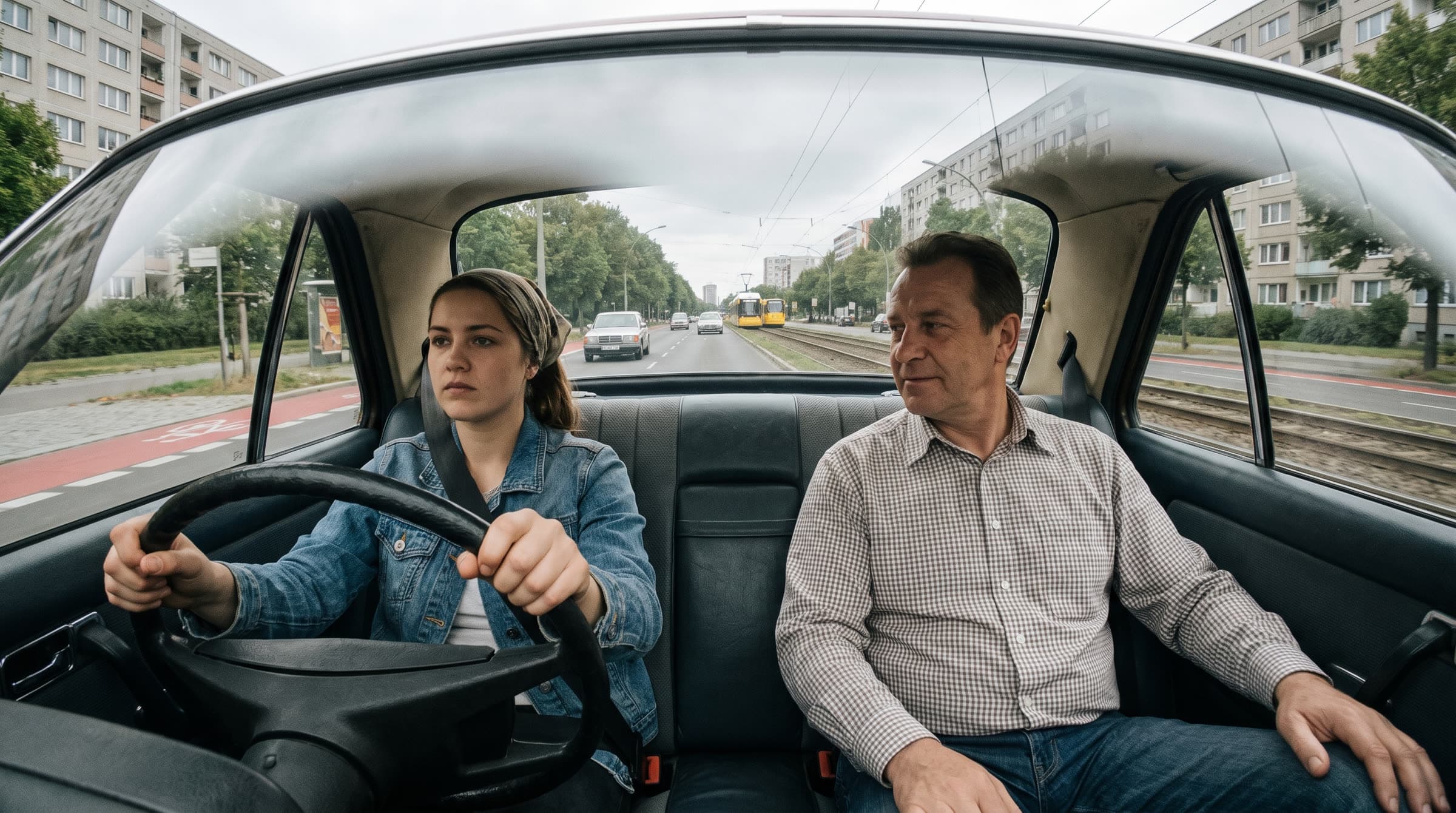 Eine junge Fahrschülerin am Steuer eines Fahrschulwagens, daneben ein Fahrlehrer auf dem Beifahrersitz; draußen eine Berliner Hauptstraße mit Plattenbauten, Straßenbahn und Radweg.