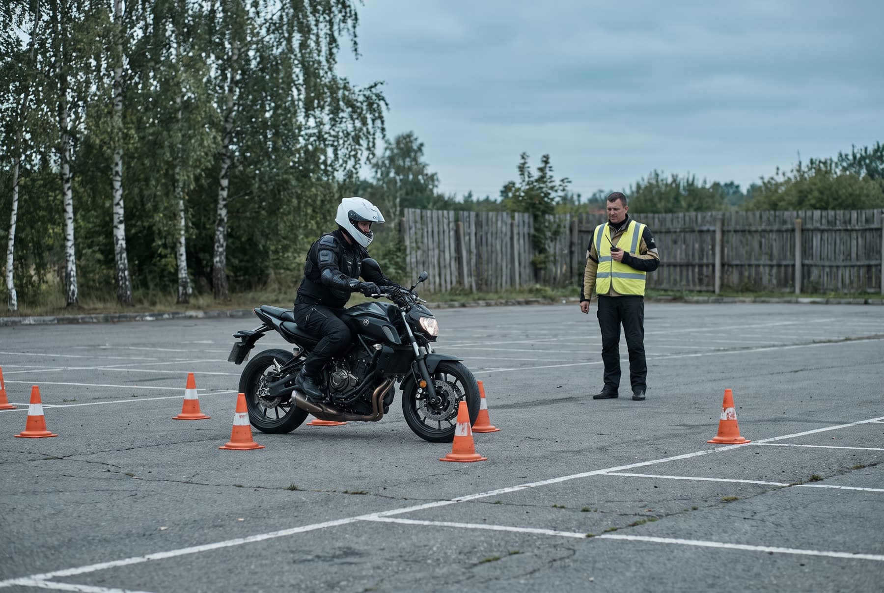 Ein Motorradfahrer in Schutzkleidung fährt einen Pylonen-Slalom auf einem Übungsplatz, ein Ausbilder in Warnweste beobachtet.