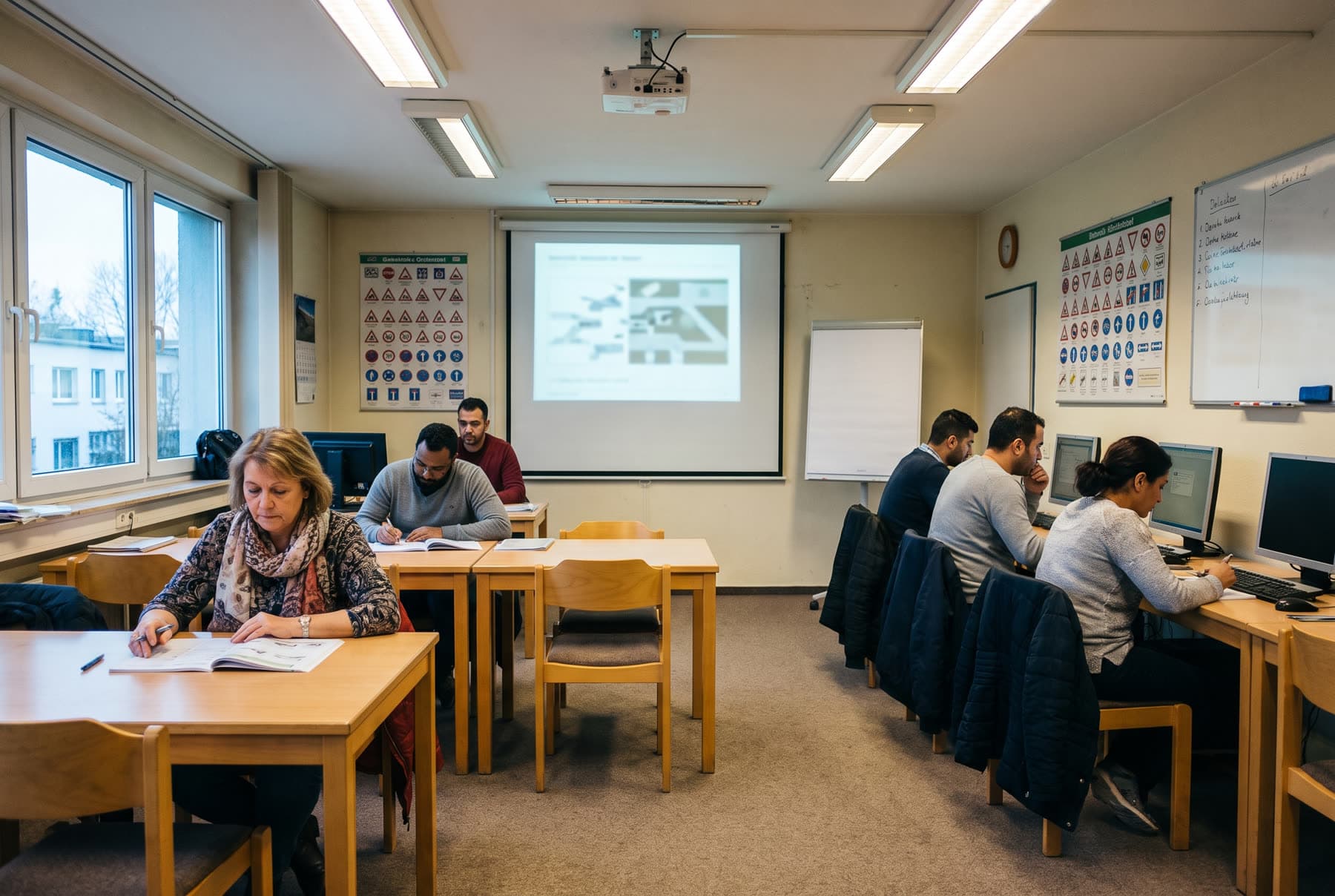 Ein Theorieraum einer Fahrschule: Teilnehmende an Tischen vor einer Projektionsfläche, weitere üben an Computern an der Seitenwand.